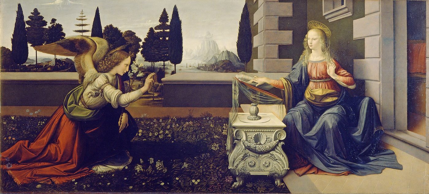 Leonardo da Vinci, The Annunciation, c. 1472-1476. Tempera and oil on panel. Uffizi Gallery, Florence. Public domain.