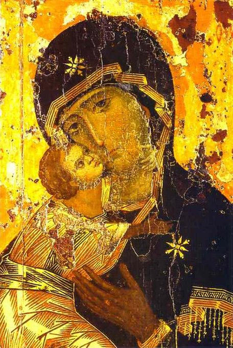 Our Lady of Vladimir, Byzantine icon, c. 12th century. Tretyakov Gallery, Moscow. Public domain.