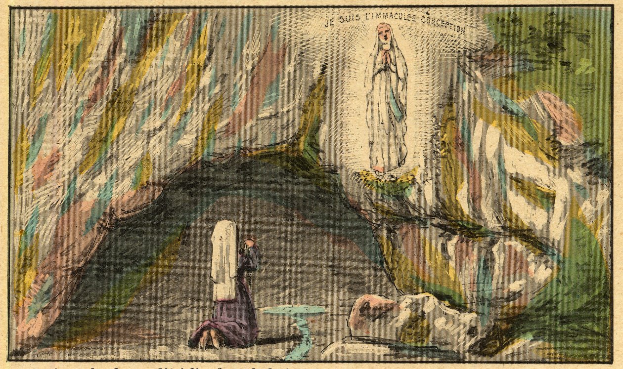 Nineteenth-century colored engraving of the apparition at the Grotto of Massabielle. Above the kneeling Bernadette, the words Je suis l’Immaculée Conception.