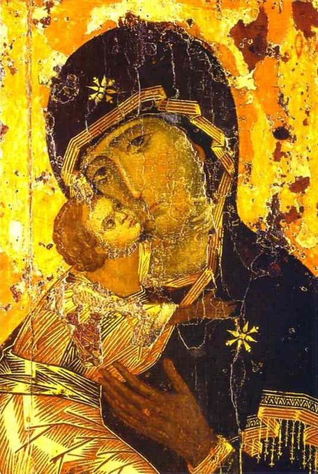 The Theotokos of Vladimir, twelfth century. The most celebrated Eleousa icon in the world. Public domain.