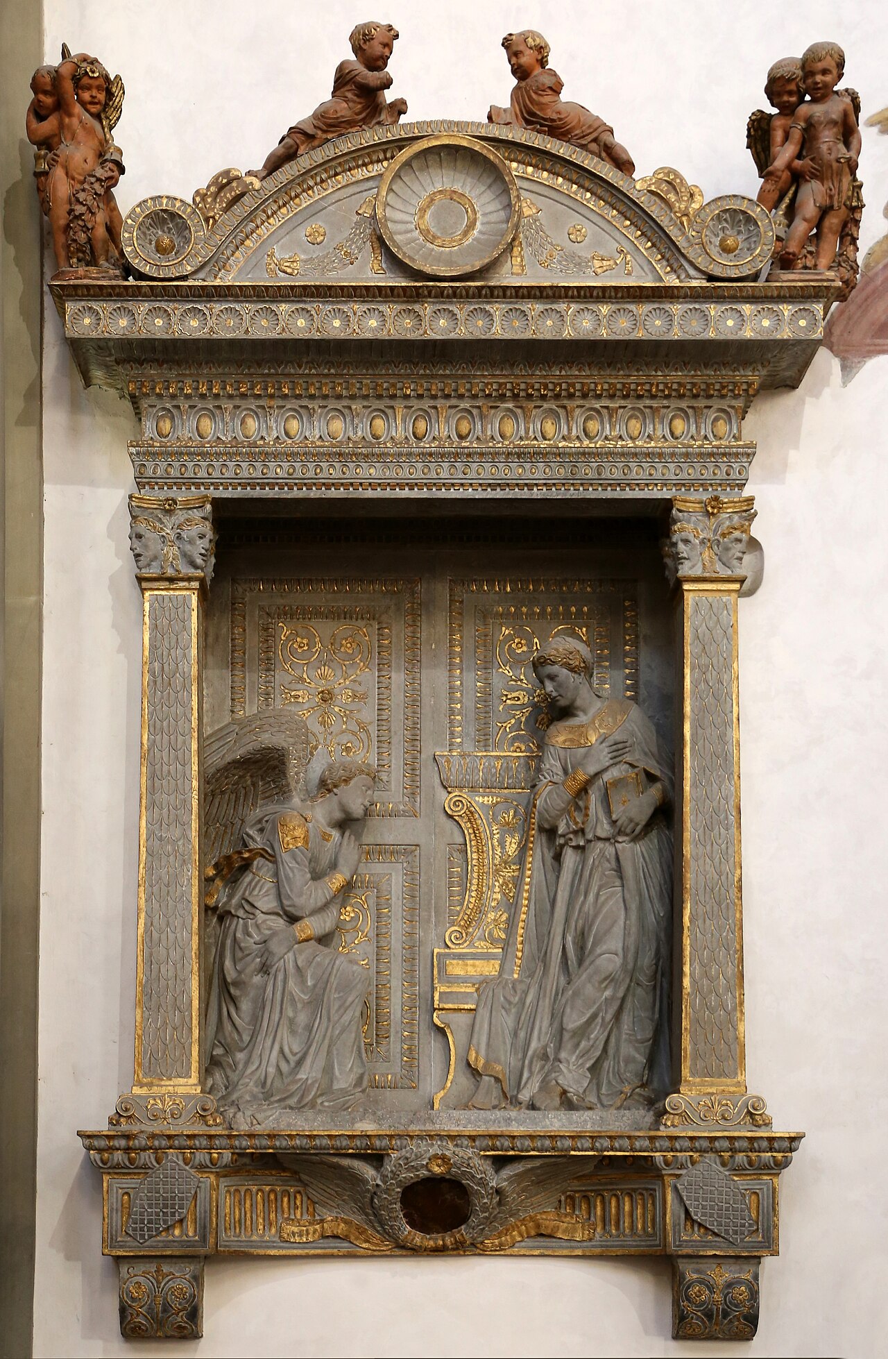 The Cavalcanti Annunciation, Donatello, gilded limestone, circa 1435, Basilica of Santa Croce, Florence.